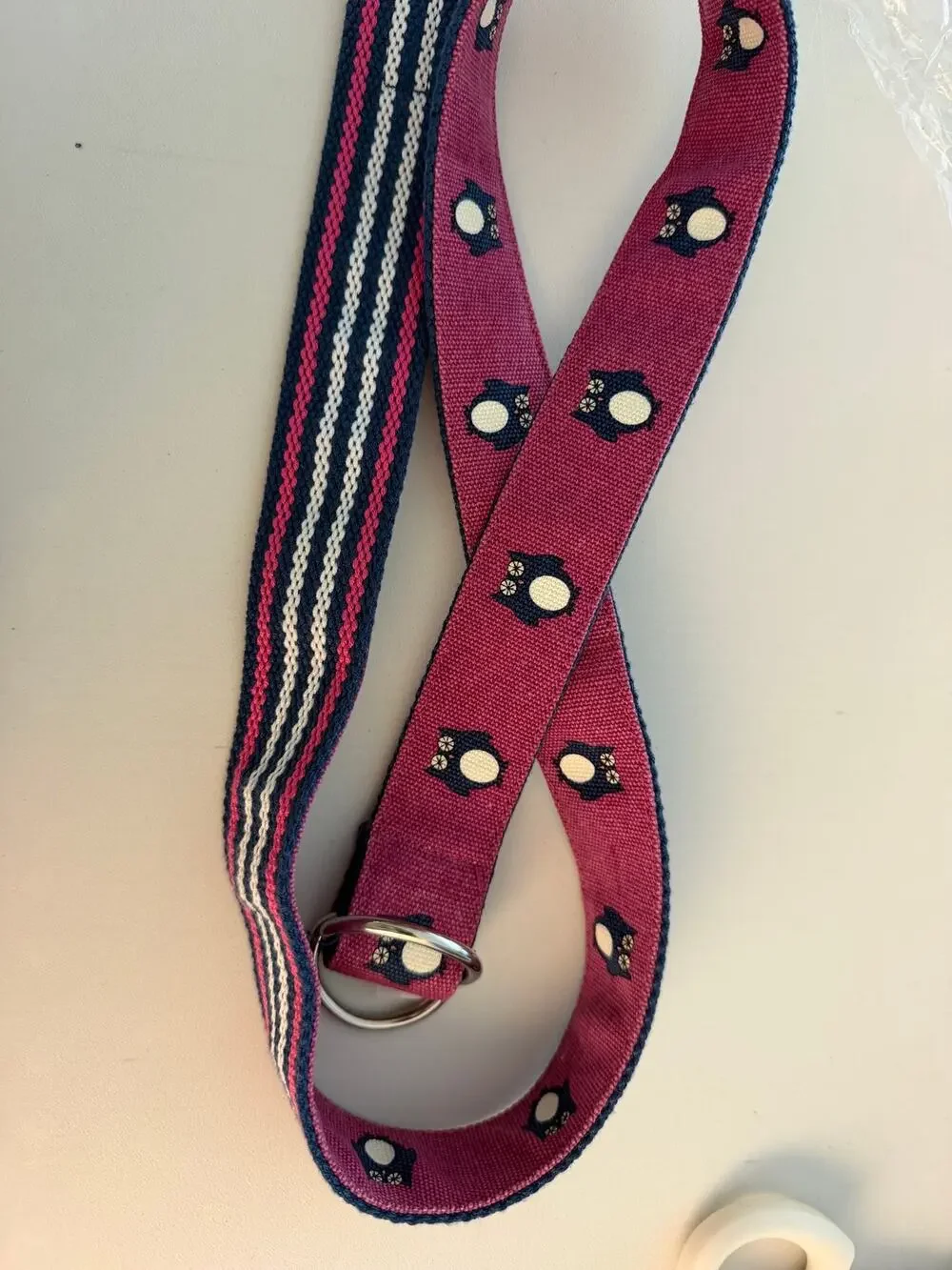 Sloane Ranger Reversible Owl D Ring Belt Pink Navy Cotton Web 40” Preppy